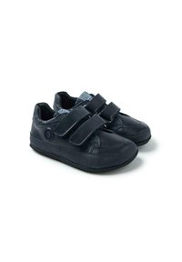 Scarpe in pelle nera con due cinturini in velcro, forma arrotondata, parte superiore testurizzata e suola imbottita per il massimo comfort. Presentano un logo sul lato.