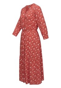 Red floral dress, long sleeves, V-neck, cinched waist with a tie, knee-length skirt, featuring white and pink flowers on a textured fabric.