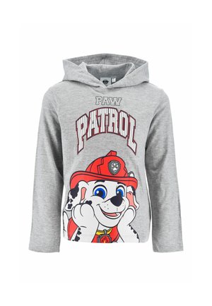 Grauer Kinder-Hoodie mit Paw Patrol Schriftzug und einem lächelnden Cartoon-Dalmatiner mit rotem Feuerwehrhelm.