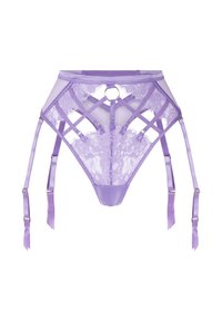 Lavendel Spitzenstrumpfband mit mehreren verstellbaren Riemen und einem zentralen Metallschmuckdetail, entworfen für Unterwäsche.