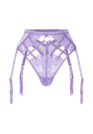 Lavendel kanten kousenband met meerdere verstelbare banden en een centraal metalen ringdetail, ontworpen voor lingerie-draag.