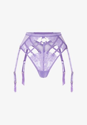 Lavendel kanten kousenband met meerdere verstelbare banden en een centraal metalen ringdetail, ontworpen voor lingerie-draag.