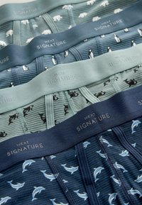 Cztery pary męskiej bielizny wyświetlone, z różnymi wzorami zwierząt. Materiały to miękka tkanina z elastycznymi pasami w talii w odcieniach niebieskiego i zielonego.