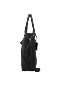 Borsa a mano in pelle nera con finitura testurizzata, manici doppi, tracolla staccabile e dettagli in metallo argentato.