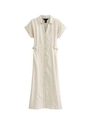 Vestido midi beige de manga corta con botones, cuello y detalles de correa lateral con hebilla, confeccionado con tejido ligero.