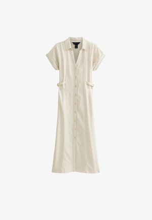 Vestido midi beige de manga corta con botones, cuello y detalles de correa lateral con hebilla, confeccionado con tejido ligero.