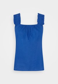 Blå ärmlös topp med samlade detaljer på axelbanden och en flödande kropp. Tillverkad av lätt, något texturerat tyg.