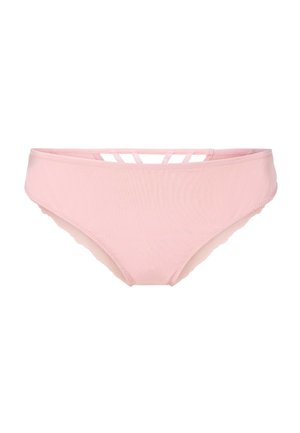 Biancheria intima da donna stile bikini di colore rosa chiaro con dettaglio a strap tagliato lungo la vita, tessuto liscio e bordi smerlati.