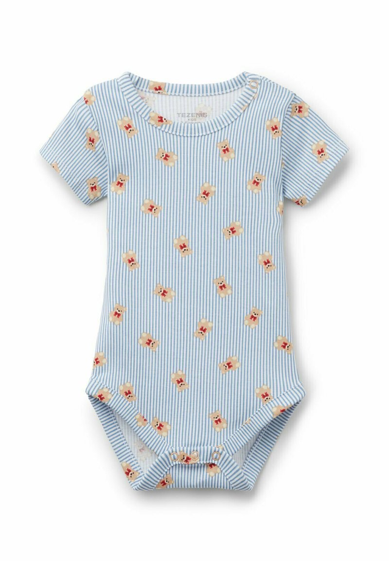Krátký rukáv body pro miminka z modré pruhované látky s rozptýlenými potisky medvídků. Obsahuje patentky na spodní části pro snadné oblékání.