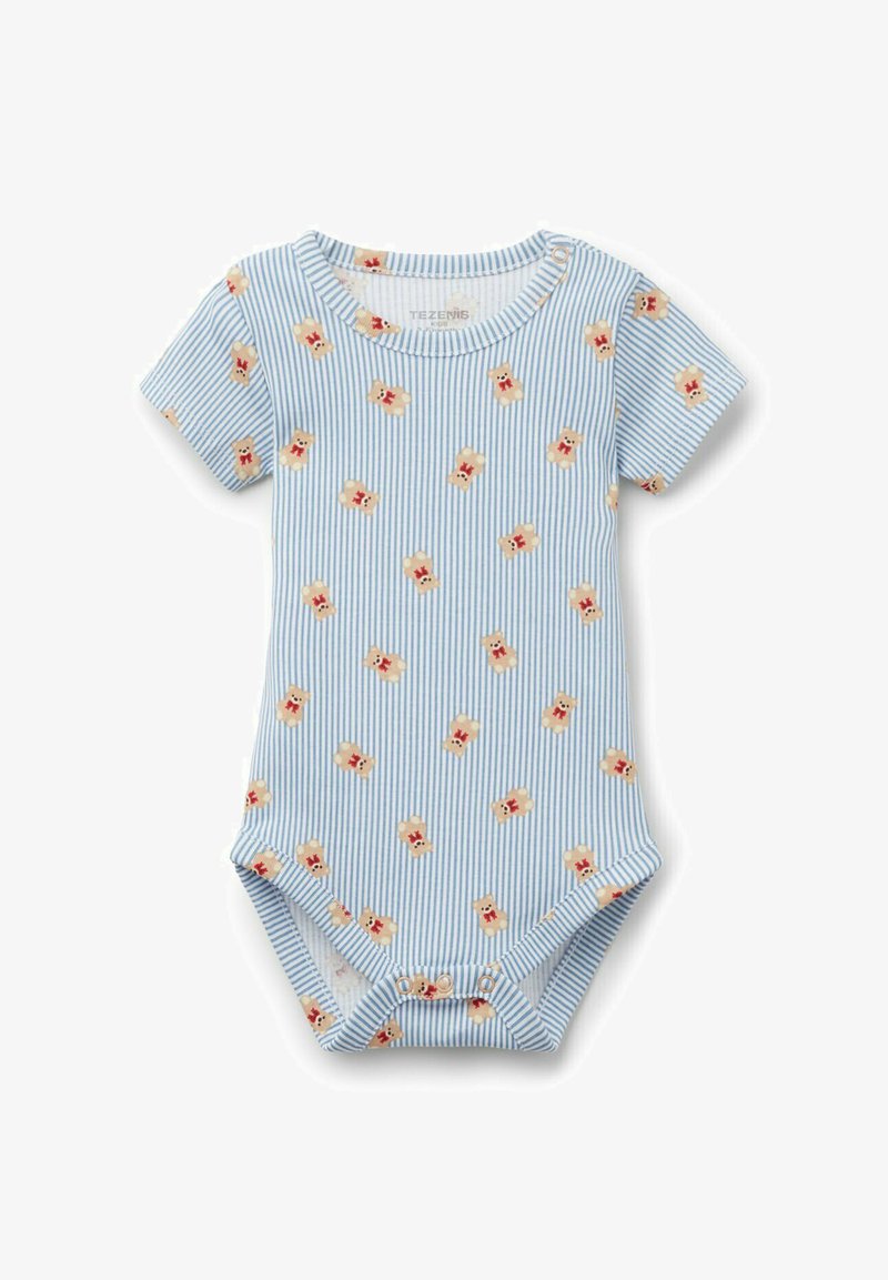 Bodysuit dla niemowląt z krótkim rękawem w niebiesko-paskowanym materiale z rozrzuconymi nadrukami misiów. Posiada zapięcia na zatrzaski na dole, co ułatwia ubieranie.