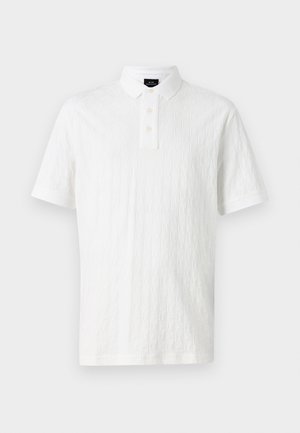 Biely polo tričko s textúrovaným vzorom, s troj- tlačidlovým zapínaním a krátkymi rukávmi s kontrastnými manžetami. Vyrobené z bavlny.