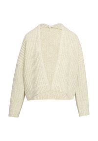 Crème-kleurige cropped cardigan, gemaakt van een getextureerde brei-stof, met een diepe V-hals en verlaagde schouders voor een losse fit.