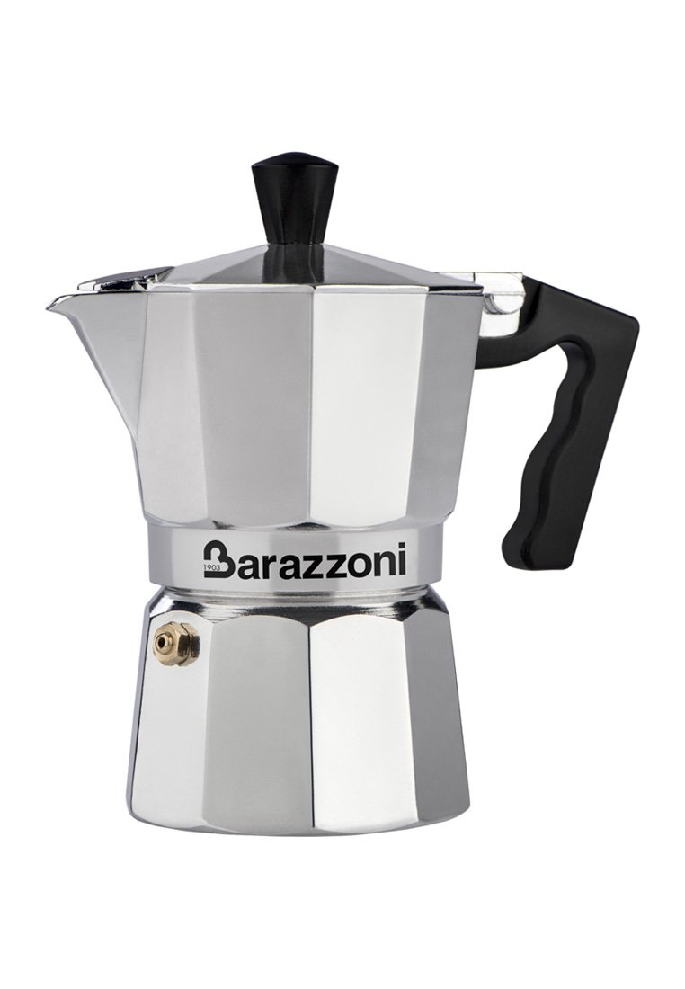 Edelstahl-ESPRESSOKANNE für den Herd mit glänzender Oberfläche, schwarzem Kunststoffgriff und einer markanten achteckigen Form. Enthält ein Markenlogo.