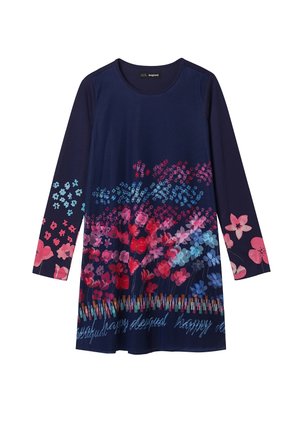 Vestido azul marino de manga larga con patrones florales coloridos en rojo, rosa y azul, y texto decorativo en estilo manuscrito a lo largo del dobladillo.