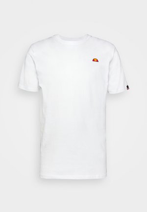Balta medvilnė marškinėliai su trumpomis rankovėmis, kuriuose kairėje krūtinės pusėje yra nedidelis multicolor logotipas. Klasikinis apvalaus kaklo dizainas.