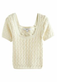 Cremefarvet kortærmet sweater med firkantet halsudskæring. Har et tekstureret, åbent strikkemønster og ribbede kanter. Mærket "NEXT" er synligt.