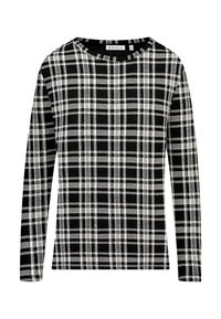 Langärmliges Oberteil aus schwarz-weißem Stoff mit Karomuster und quadratischen Motiven sowie einem runden Ausschnitt.