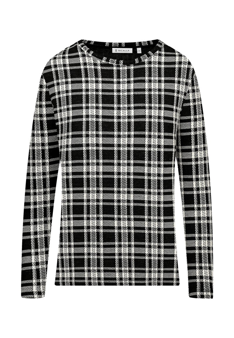 Langärmliges Oberteil aus schwarz-weißem Stoff mit Karomuster und quadratischen Motiven sowie einem runden Ausschnitt.