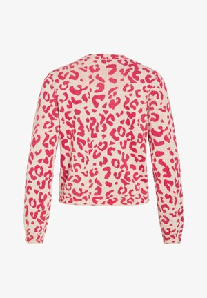 Pull en maille à manches longues avec motif léopard rose et beige, col rond, poignets et ourlet côtelés, vu de dos.