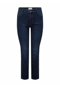 Mörkblå jeans i denim med rak skärning, fem fickor, knappstängning och gula sömnadsdetaljer. Inga synliga slitningar.