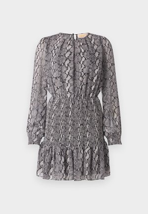 Gray and black snake print dress with long sleeves, a smocked waist, and a frill hem. Features a keyhole back closure.