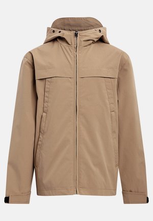 Giacca con cappuccio beige con cerniera frontale, due tasche laterali e polsini regolabili con Velcro, progettata per l'uso all'aperto.