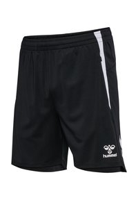 Pantalones cortos deportivos negros hechos de una tela suave, con una franja blanca en el costado y un logo en la parte inferior izquierda del frente. Cintura elástica para mayor comodidad.