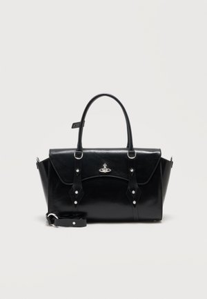 Black structured leather handbag with top handles, detachable shoulder strap, and small silver orb logo on front flap.