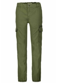 Oliwkowe spodnie cargo z elastycznym pasem, wieloma kieszeniami i zamykaną na zamek kieszenią boczną; wykonane z trwałej mieszanki bawełny.