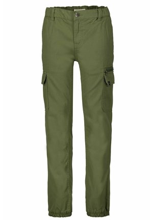 Pantalons cargo vert olive avec une taille élastiquée, plusieurs poches et une poche latérale zippée ; fabriqués en tissu durable en mélange de coton.