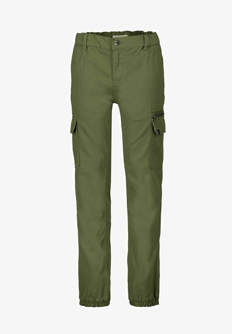 Oliwkowe spodnie cargo z elastycznym pasem, wieloma kieszeniami i zamykaną na zamek kieszenią boczną; wykonane z trwałej mieszanki bawełny.