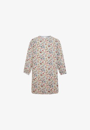 Sukienka w kwiatowy wzór na białym tle. Długie rękawy, okrągły dekolt i luźny krój. Ozdobiona kolorowymi kwiatami i liśćmi.