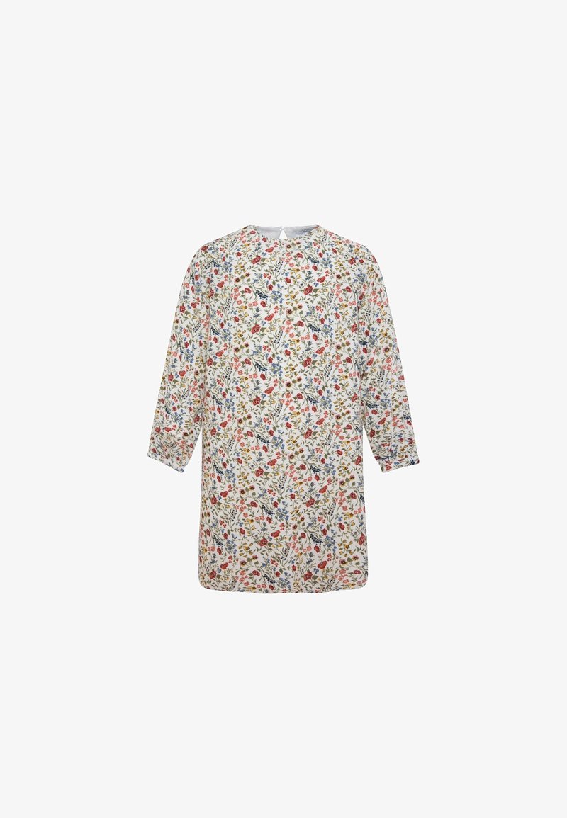 Abito a motivo floreale con sfondo bianco. Maniche lunghe, scollo rotondo e vestibilità ampia. Presenta fiori colorati e foglie.