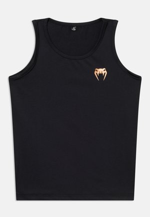 Schwarzes ärmelloses Tanktop mit kleinem goldenem Schlangenkopf-Logo auf der oberen linken Brust.