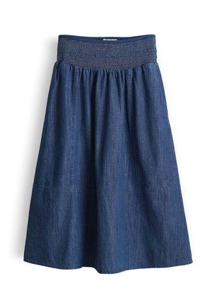 Dark blue denim midi skirt with wide smocked waistband and gathered fabric for a flared silhouette.