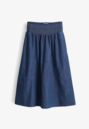 Dark blue denim midi skirt with wide smocked waistband and gathered fabric for a flared silhouette.