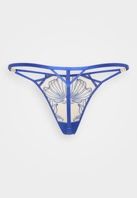 Tanga blu con centro trasparente decorato da ricami floreali, spalline regolabili e finiture in metallo dorato. Finitura in satin liscia.