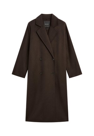 Manteau double boutonnage marron foncé avec de larges revers et des manches longues, présenté sur un fond blanc.