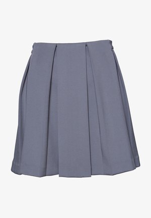 Szara plisowana spódnica do kolan z szerokimi plisami z przodu i po bokach, wykonana z gładkiego materiału, z dopasowanym paskiem w talii.