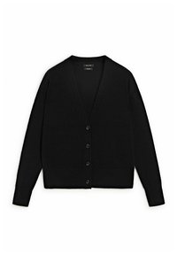 Cardigan noir à manches longues avec col en V et quatre boutons sur le devant, posé à plat sur un fond blanc.