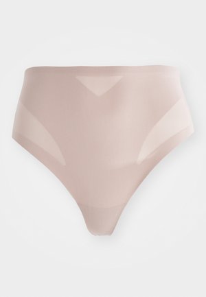 Light pink high-waisted underwear made from smooth fabric, featuring sheer accents and a seamless design for comfort and minimal visibility.