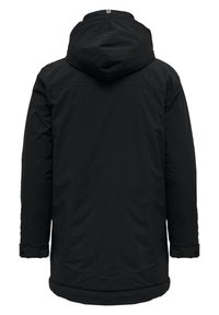 Parka nera con cappuccio, caratterizzata da una superficie liscia, maniche lunghe e polsini in velcro. Design semplice senza motivi o elementi hardware visibili.