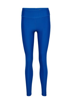 Blauwe leggings van rekbaar materiaal, met een hoge tailleband en een gladde, glanzende textuur, ontworpen voor comfort en flexibiliteit.