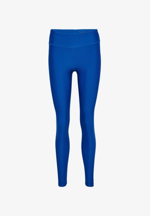Blå leggings lavet af strækbart stof, med høj talje og en glat, blank overflade, designet til komfort og fleksibilitet.