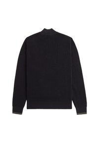 Cardigan grigio scuro lavorato a maglia con un motivo testurizzato, colletto a coste, polsini e orlo. Presenta strisce a contrasto sui polsini per un tocco di dettaglio.