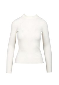 Top bianco a maniche lunghe con scollo a imbuto, caratterizzato da un dettaglio di bottoni laterali e una silhouette aderente. Tessuto morbido e tessuto elasticizzato.