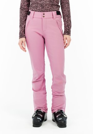 Roze skibroek met een getailleerd ontwerp, gemaakt van een glad, rekbaar materiaal. Voorzien van twee voorzakken en versterkte enkelmanchetten.