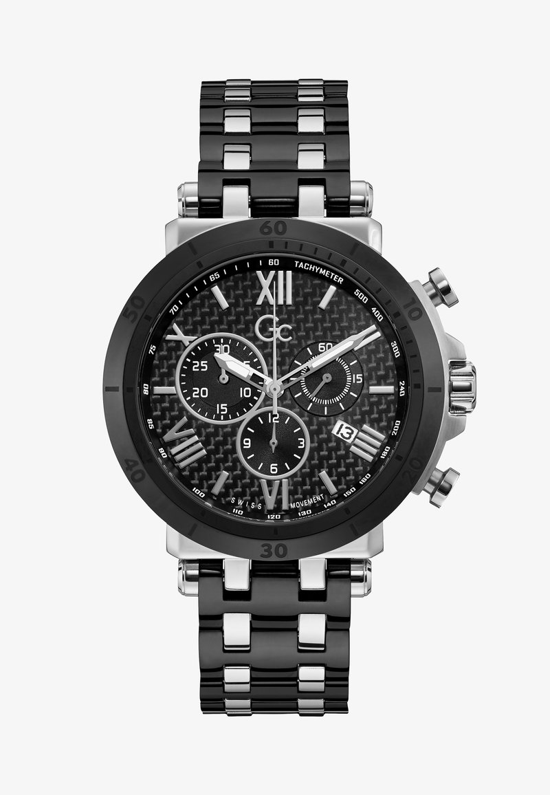 Melnā nerūsējošā tērauda pulkstenis ar tekstūru melnu ciparnīcu, sudraba akcentiem, hronogrāfa funkcijām un pulētu saiti.