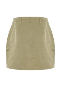 Khaki skort with a smooth texture, tailored design, front zip, belt loops, and two side cargo pockets.