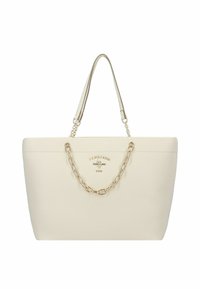 Bolso tote de cuero blanco con textura de guijarros, detalles en cadena dorada, logotipo, asas dobles, forma rectangular estructurada y textura lisa.